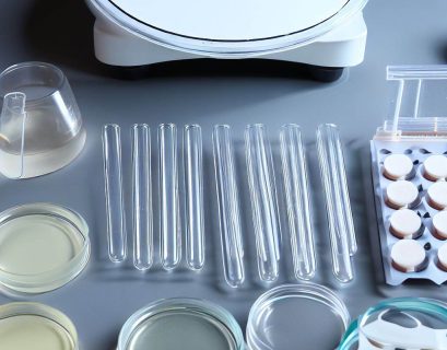 Different microbiology laboratory equipment petri dishes pipette media incubator
