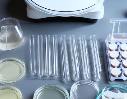 Different microbiology laboratory equipment petri dishes pipette media incubator