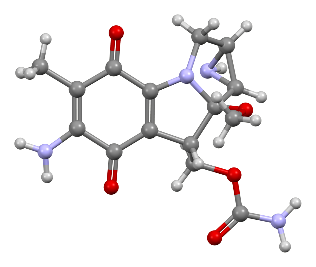 Ball and stick model of a mitomycin C molecule C15H18N4O5 from the crystal structure of the dihydrate