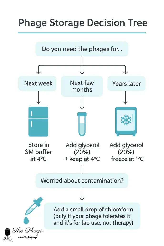 Infographic showing different phage storage methods SM buffer at 4 °C glycerol for long term storage chloroform to prevent contamination clearing lysates before storage freezing at 80 °C or liquid nitrogen and lyophilization for dry storage