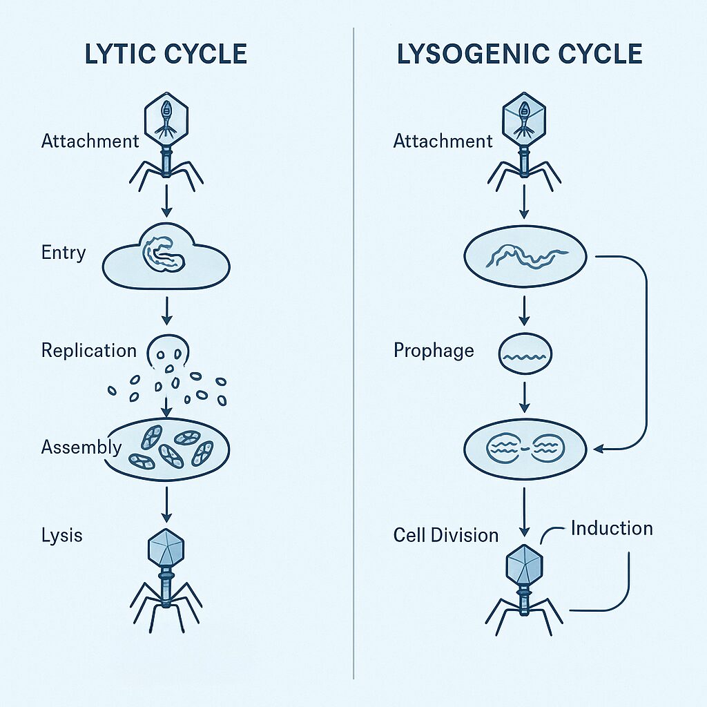 Diagram showing the bacteriophage lytic and lysogenic infection cycles