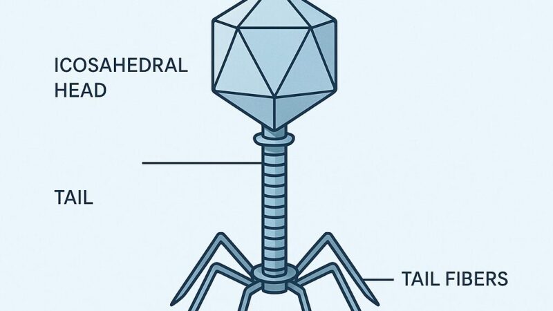 A modern illustration of a bacteriophage showing capsid tail and tail fibers  the virus that infects bacteria