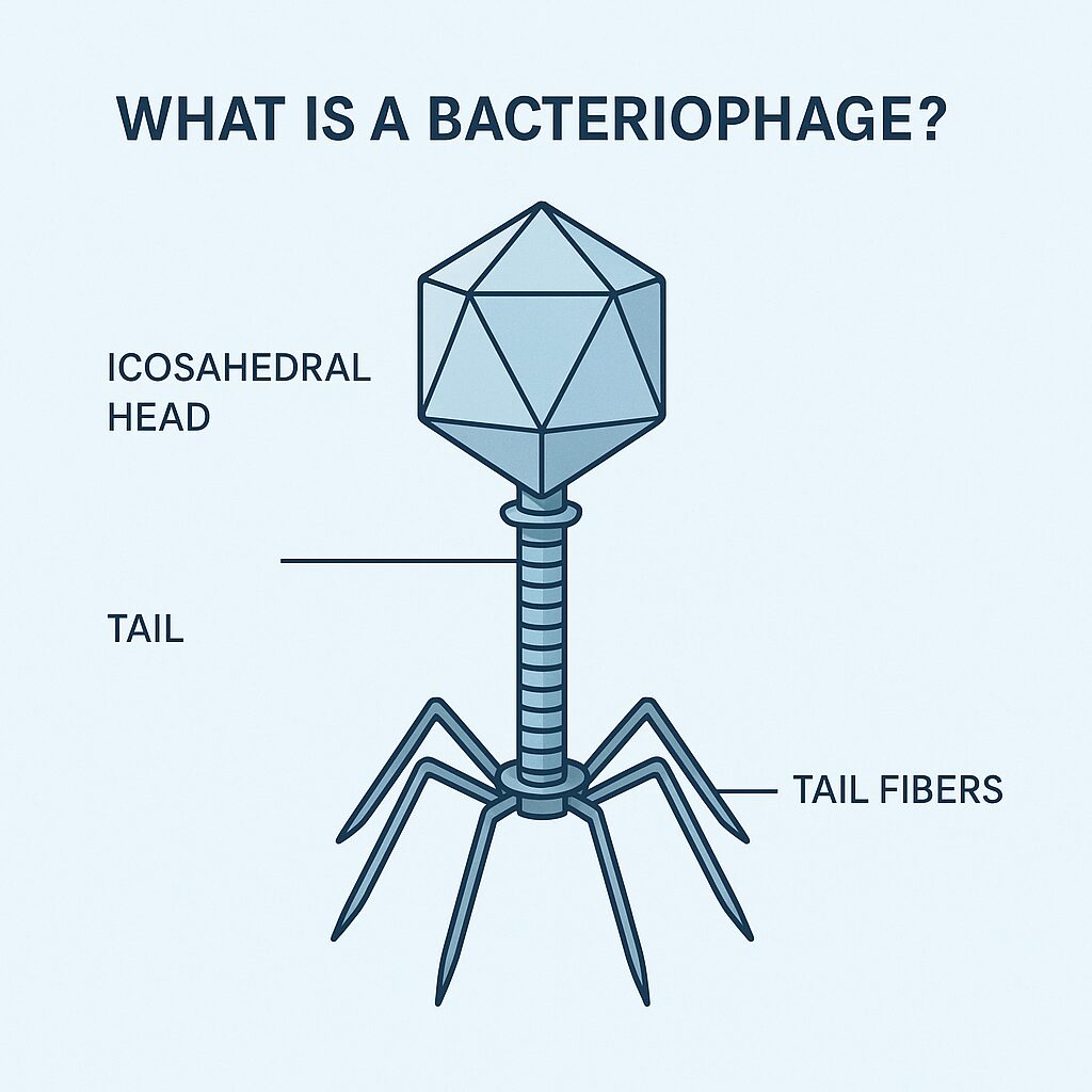 A modern illustration of a bacteriophage showing capsid tail and tail fibers  the virus that infects bacteria