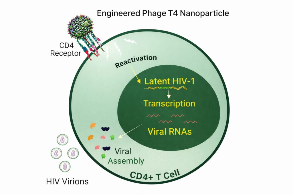 Engineered Phage T4 Nanoparticles targeting cell with Latent HIV