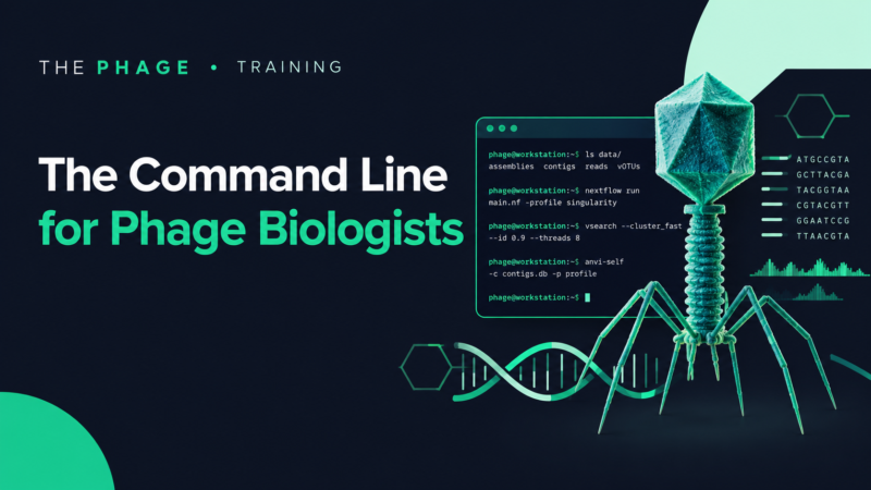 The Command Line for Phage Biologists course cover featuring a bacteriophage terminal window with basic Bash commands DNA graphics and The Phage branding